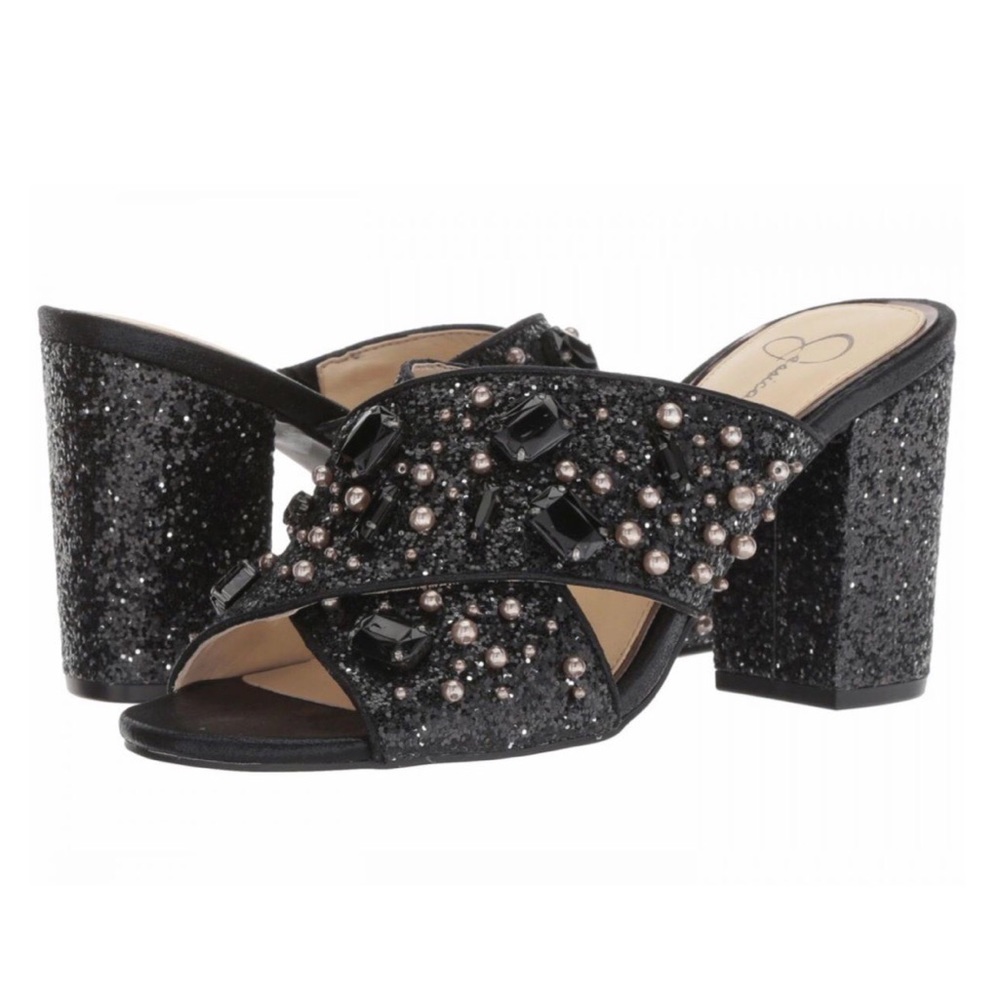 Jessica Simpson Rizell Black Chunky Glitter/Shimmer Slides Block Heel Size 8
